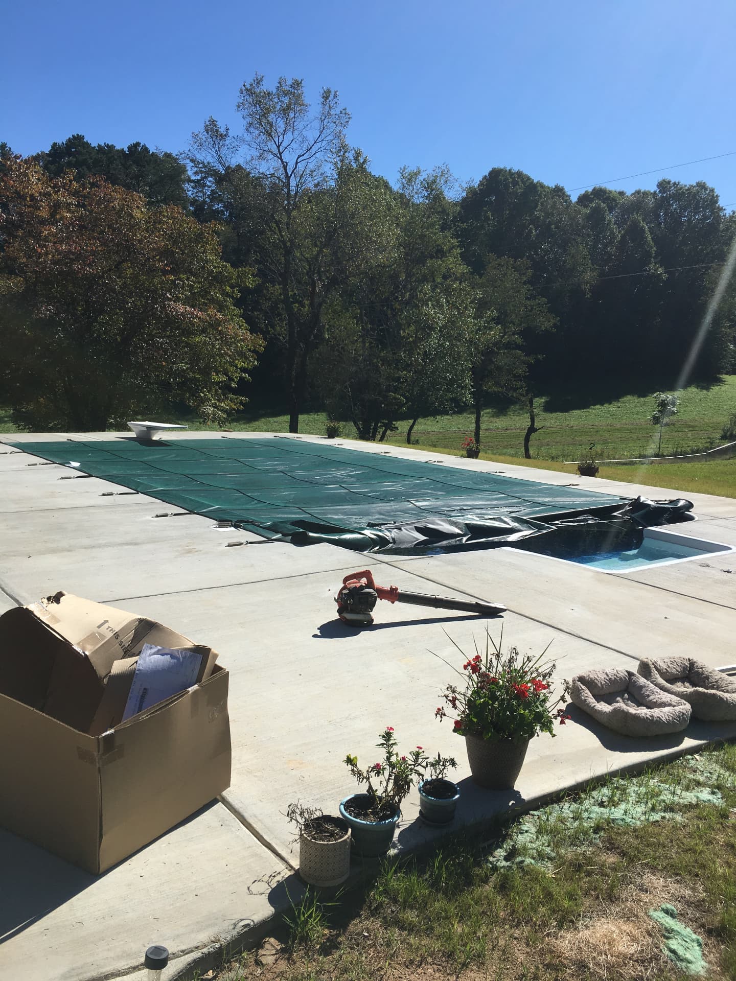 Green pool cover being fitted across a backyard pool